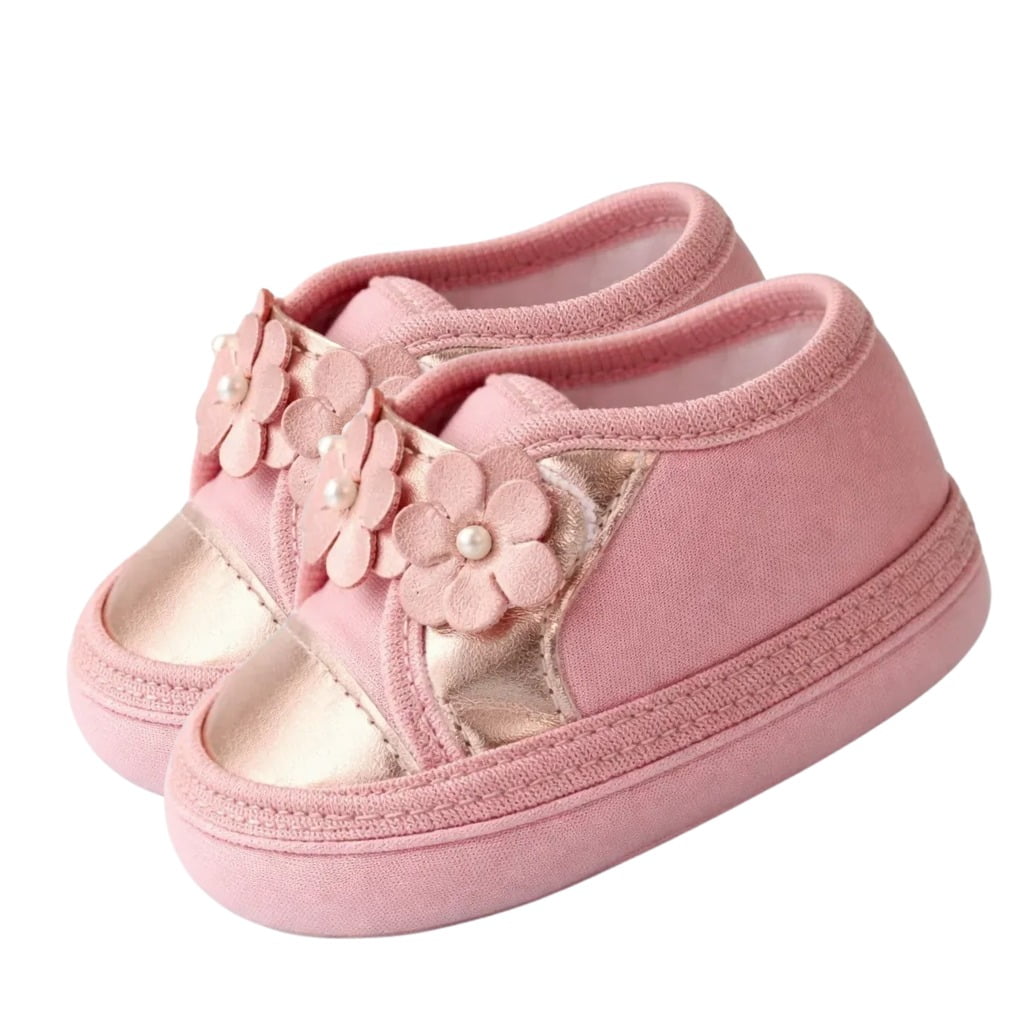 Tênis Sapatinho Bebê Fofo Menina Flores Rosa e Bronze Elegante e Confortável