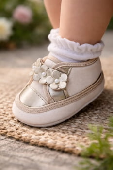 Sapatinho Bebê Bronze com Flores Confortável e Fofo Menina Delicado