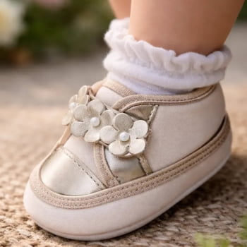 Sapatinho Bebê Bronze com Flores Confortável e Fofo Menina Delicado
