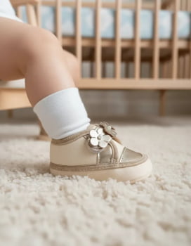Sapatinho Bebê Bronze com Flores Confortável e Fofo Menina Delicado