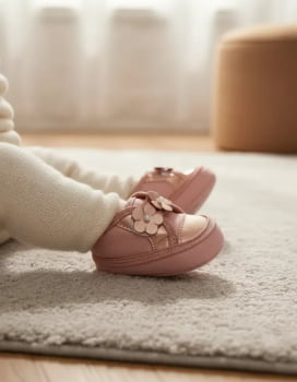 Tênis Sapatinho Bebê Fofo Menina Flores Rosa e Bronze Elegante e Confortável