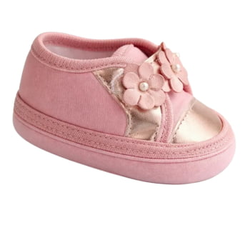 Tênis Sapatinho Bebê Fofo Menina Flores Rosa e Bronze Elegante e Confortável