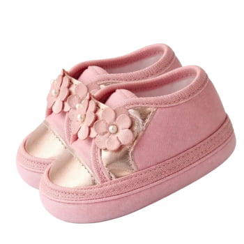 Tênis Sapatinho Bebê Fofo Menina Flores Rosa e Bronze Elegante e Confortável Tênis Sapatinho Bebê Fofo Menina Flores Rosa e Bronze Elegante e Confortável