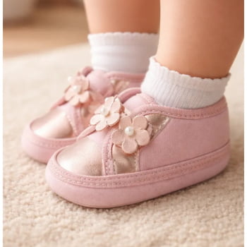 Tênis Sapatinho Bebê Fofo Menina Flores Rosa e Bronze Elegante e Confortável