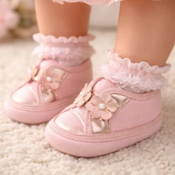 Tênis Sapatinho Bebê Fofo Menina Flores Rosa e Bronze Elegante e Confortável