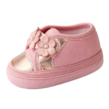 Tênis Sapatinho Bebê Fofo Menina Flores Rosa e Bronze Elegante e Confortável