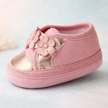 Tênis Sapatinho Bebê Fofo Menina Flores Rosa e Bronze Elegante e Confortável