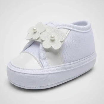 Tênis Sapatinho Bebê com Flores Confortável e Fofo Menina Sapato Branco