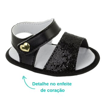 Sandália Baby Glitter e Coração Preta